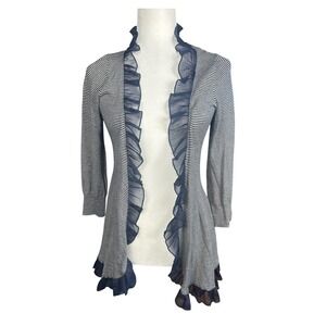 Guinevere Anthropologie Cardigan Small Navy White Striped Ruffle Open Front